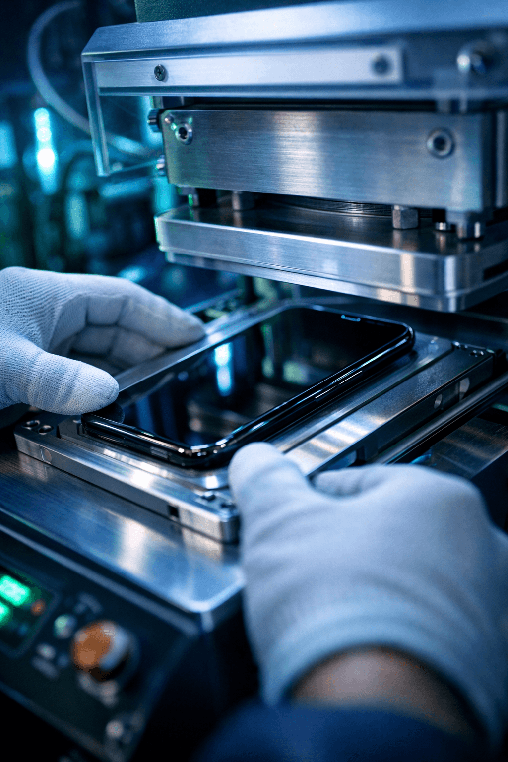 Técnico realizando a laminação do vidro sobre o display original em máquina OCA de laboratório